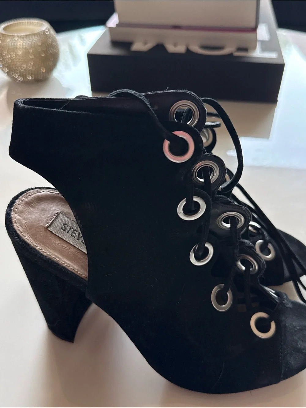 Steve Madden Black Suede Lace-Up Peep Toe Heels with Eyelet Detail